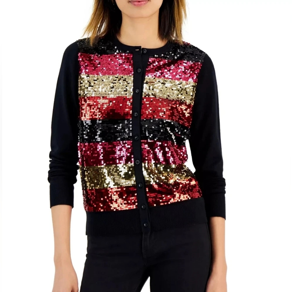 Charter Club Black and Red Sequin Sweater Small